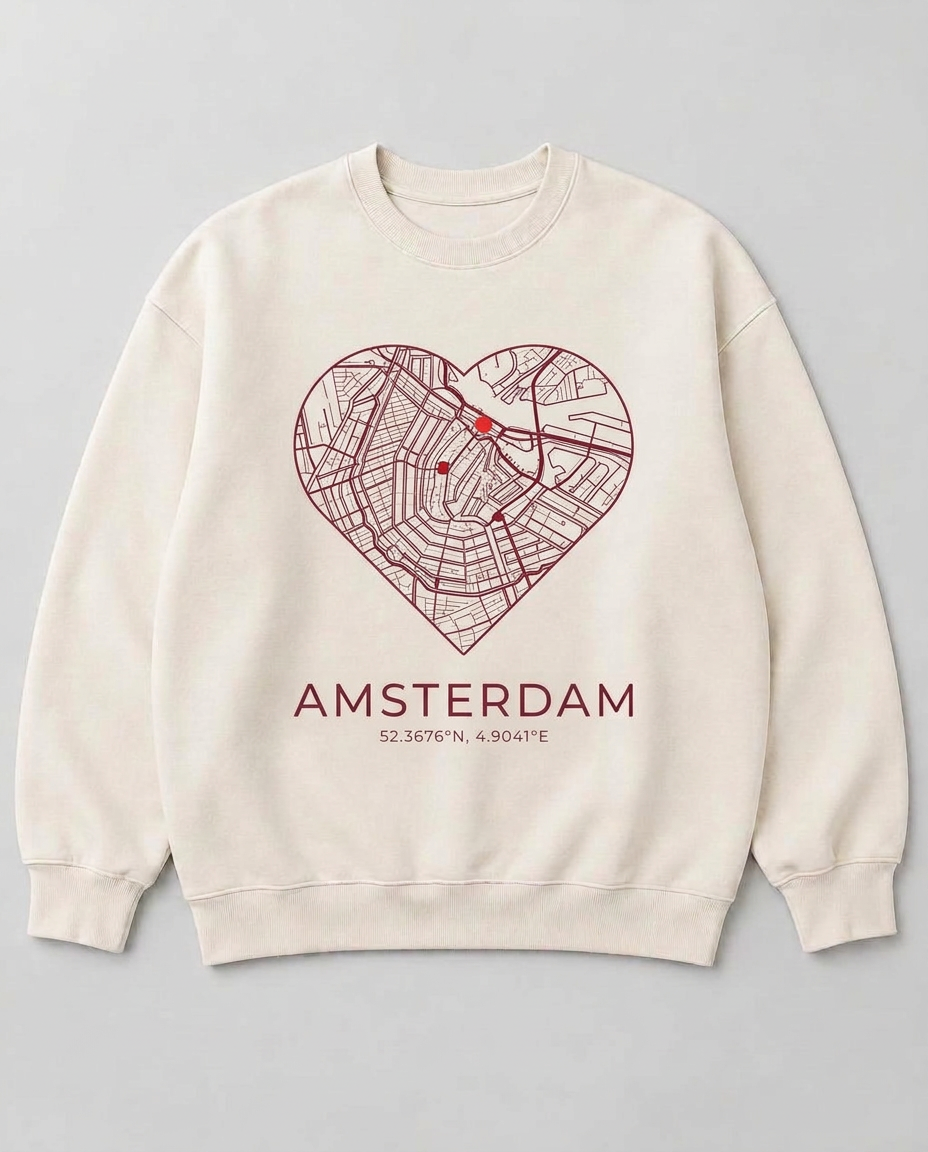 Natuurwitte sweater met een wijnrode hartvormige kaart over Amsterdam