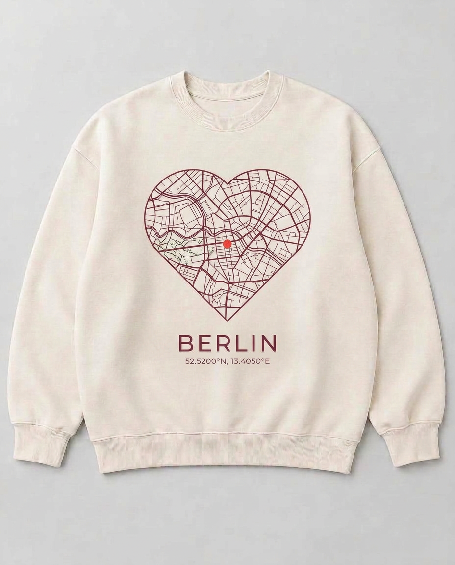 Naturweißes Sweatshirt mit einer weinroten Herzkarte von Berlin