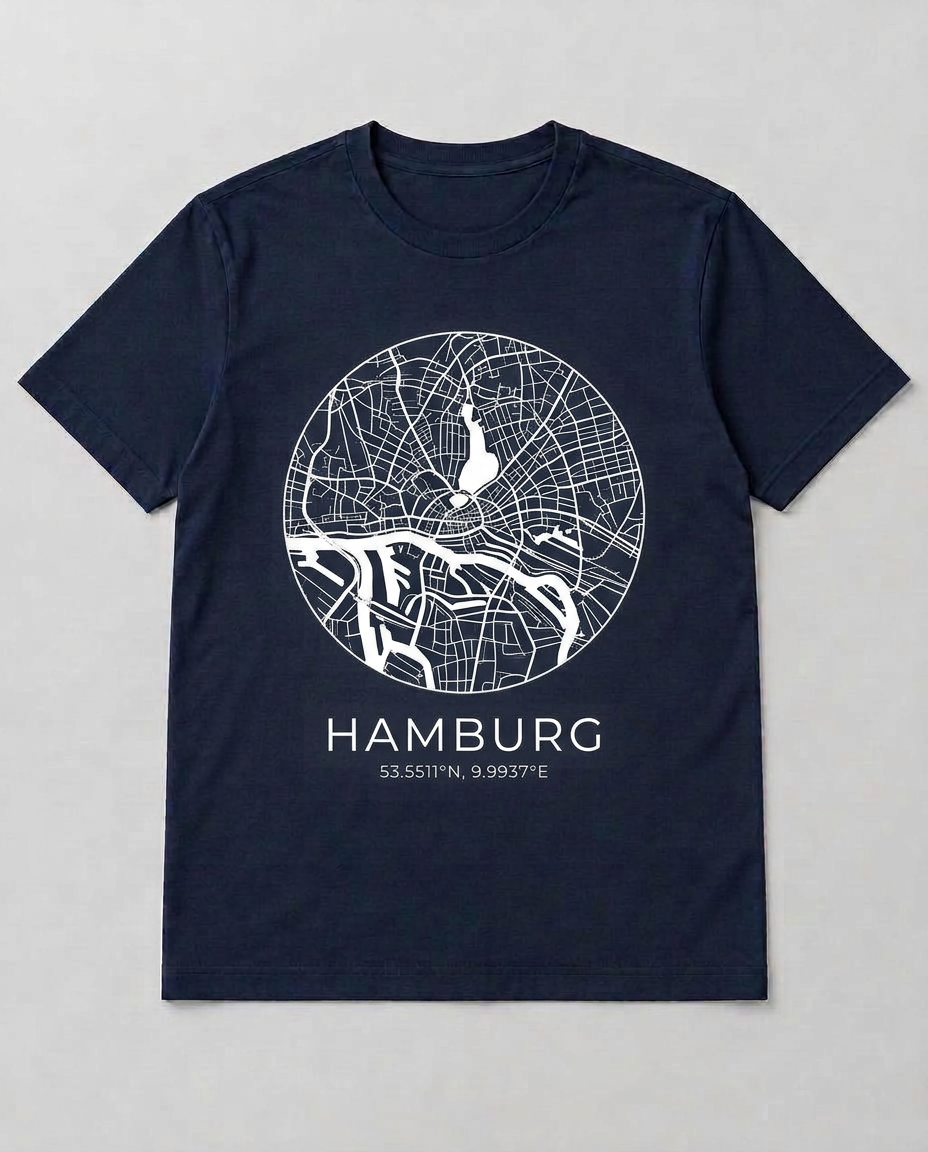 Dunkelblaues T-Shirt mit einem weißen Kartendesign von Hamburg