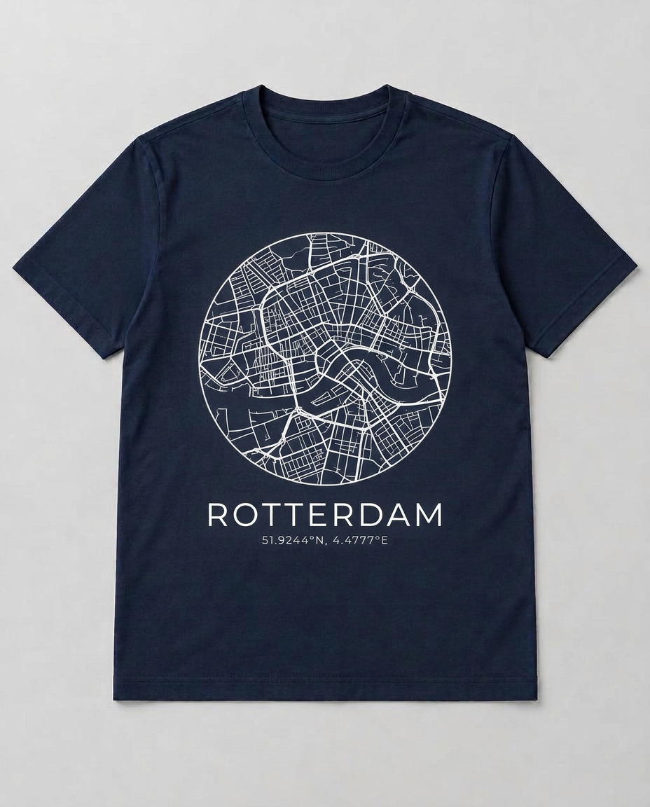 Donkerblauw T-shirt met een witte kaartdesign over Rotterdam